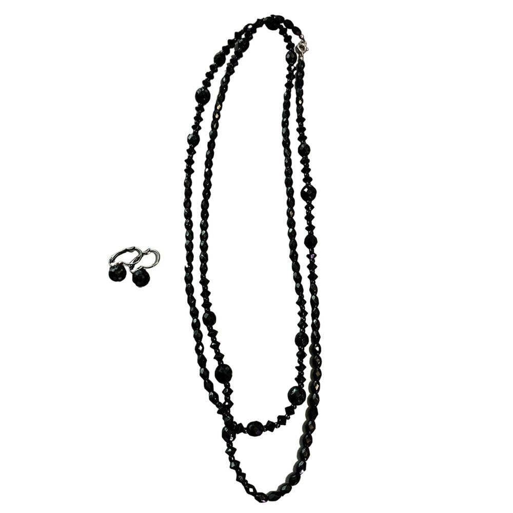 Black Beaded Long Necklace & Earrings
